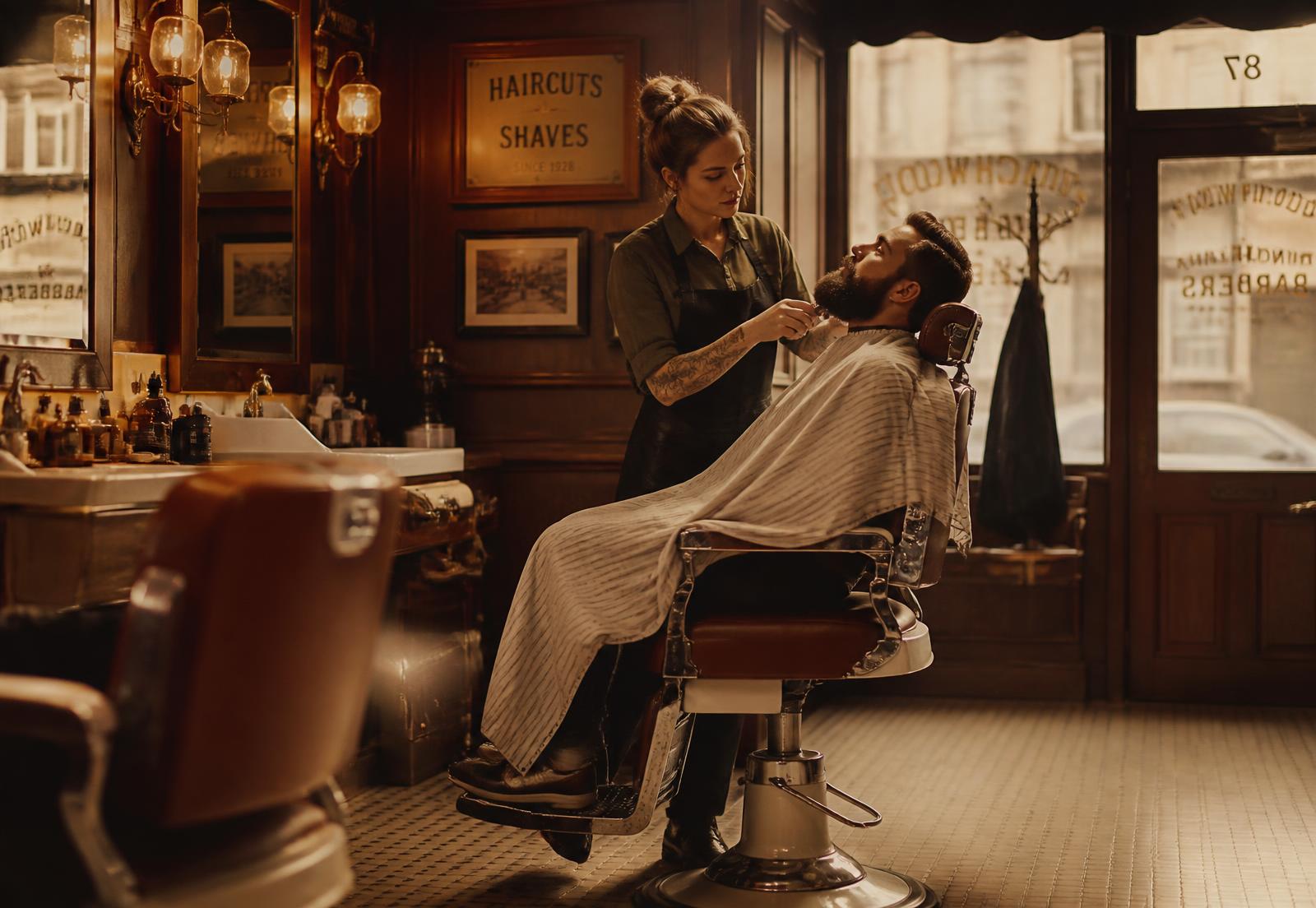 Barbeira fazendo a barba de um cliente na Barbearia da Mara